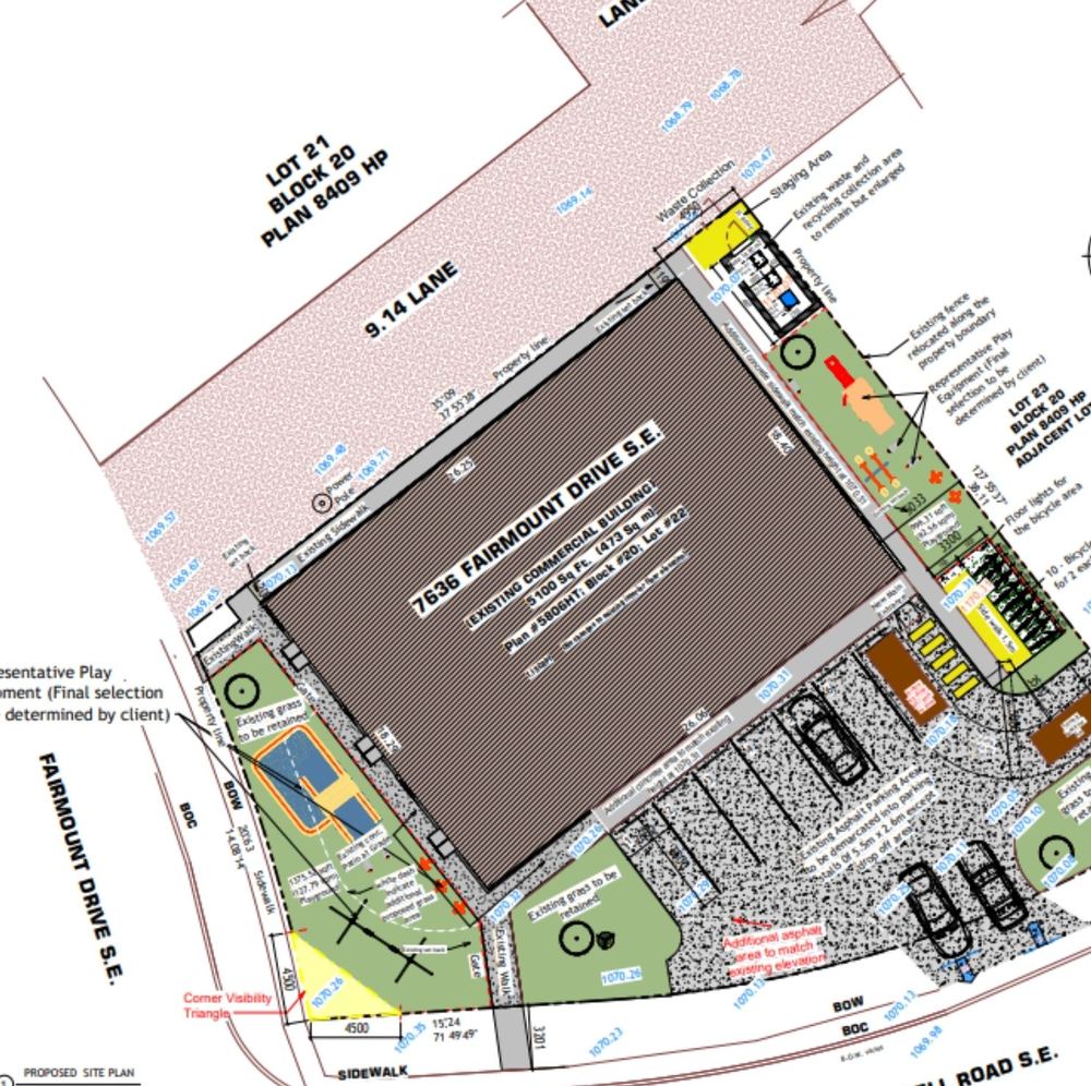 Proposed west elevation of a childcare facility conversion with planting to the frontage