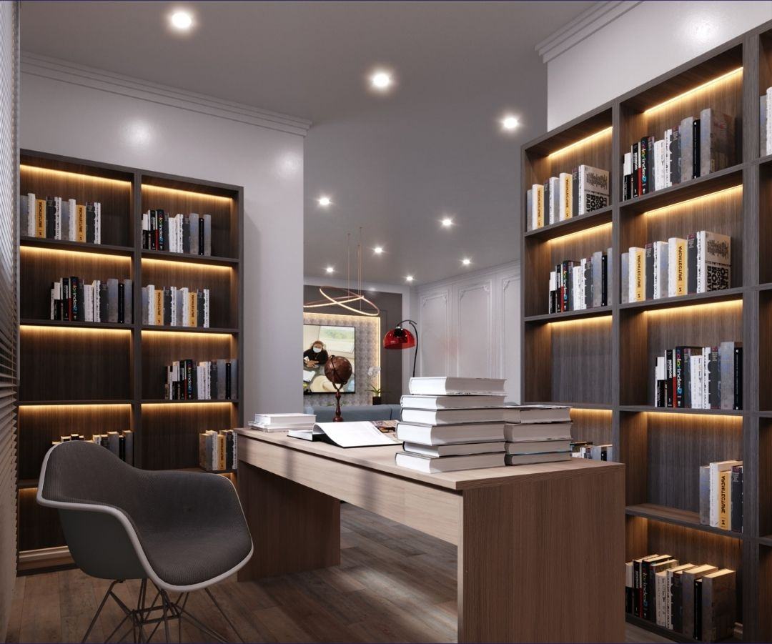 A study lined with integrated joinery and concealed lighting