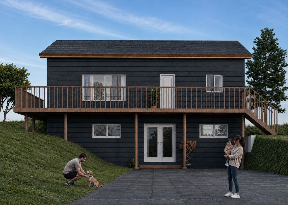 The walkout basement addition from the garden, the lower level opening onto the paved terrace beneath a raised deck