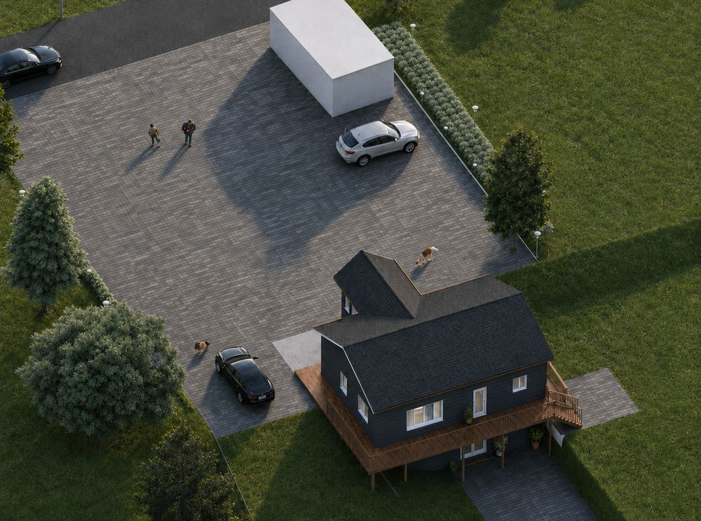 Meota Walkout Basement — Aerial view of the house on its plot