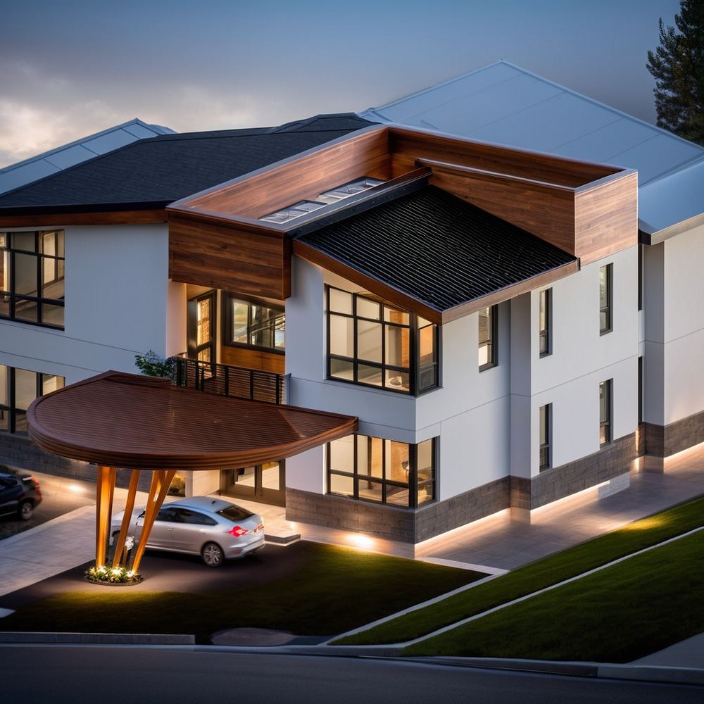 Contemporary six-bedroom duplex at dusk, curved timber entrance canopy lit from beneath