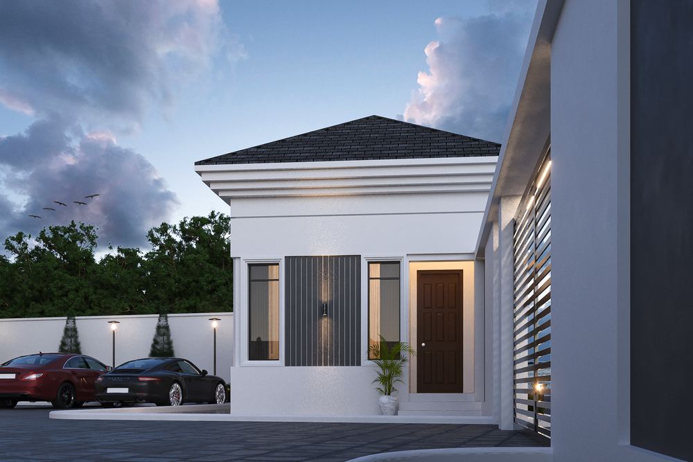 6-Bedroom Villa & BQ — Option A — the gatehouse and forecourt at dusk