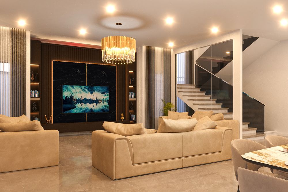 6-Bedroom Villa & BQ — The lounge, media wall and stair