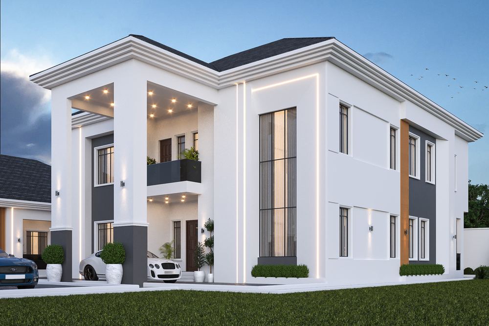 6-Bedroom Villa & BQ — Option B — hipped roof, entrance portico, no garage