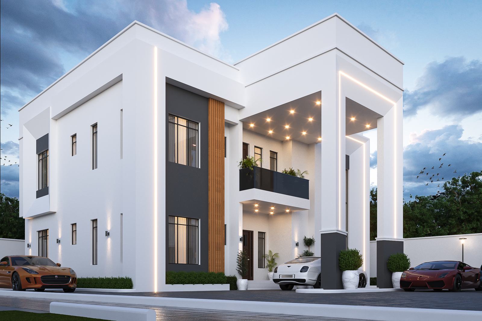 The six-bedroom villa in the concealed-parapet option at dusk, white cubic massing with a timber slat feature and charcoal panels