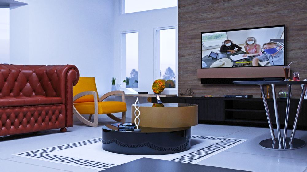 Remodelled open living space with polished floor and contemporary furniture